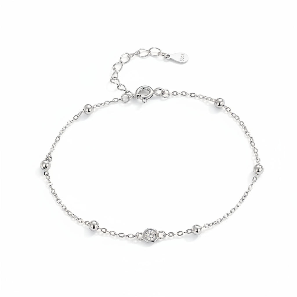 Beaded Bezel Charm Silver Anklet for women