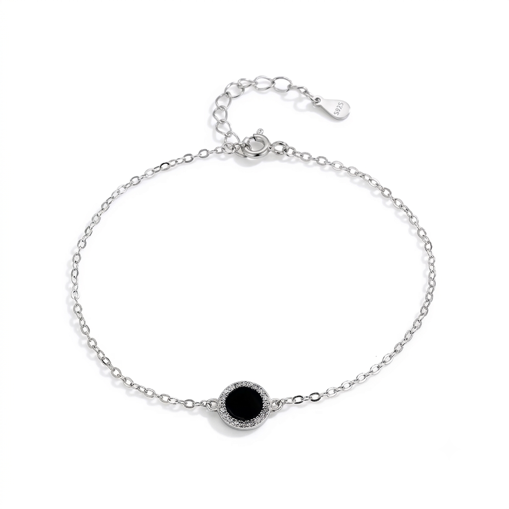 Black Onyx Halo Silver Anklet for women