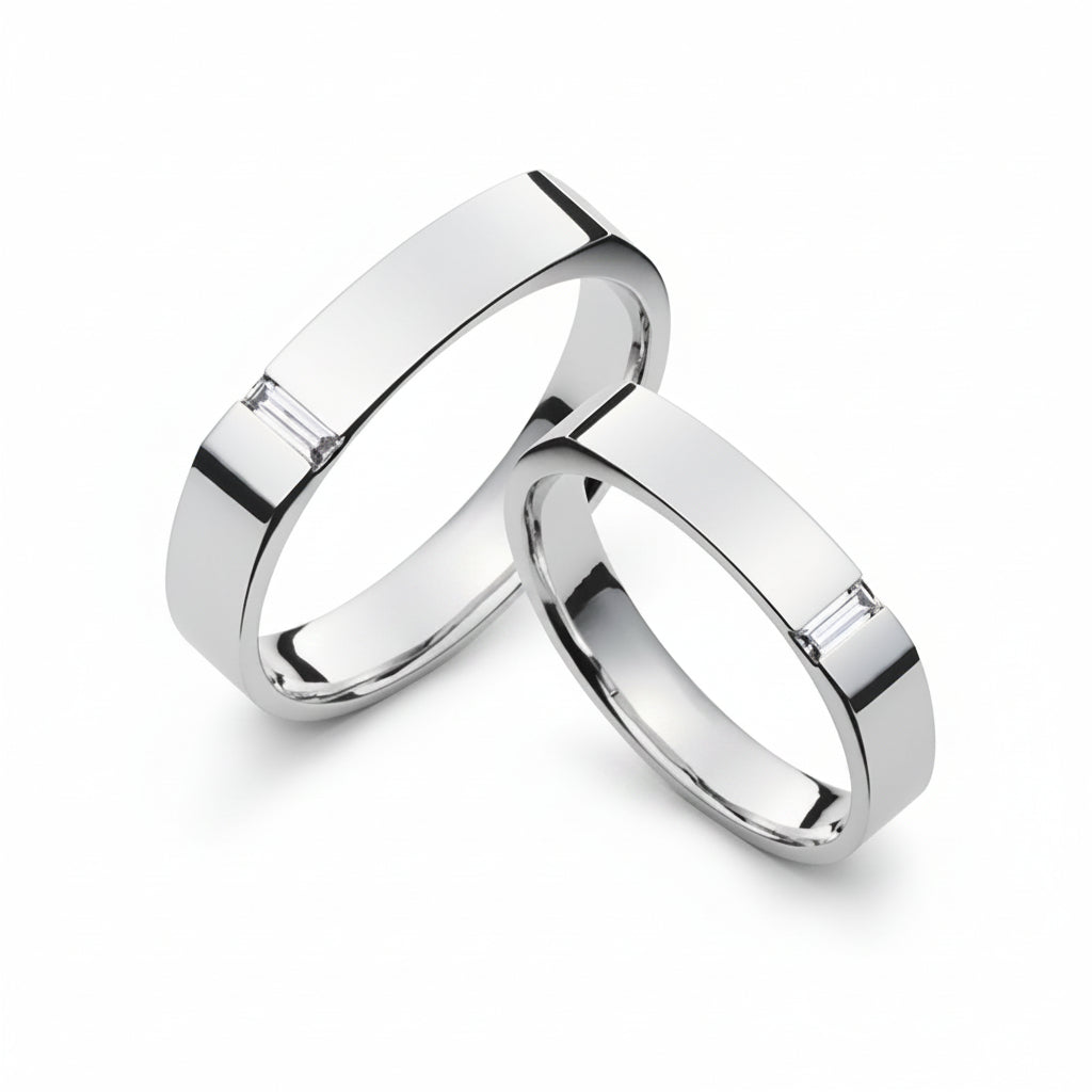 Linear Matching Silver Couple Ring Set