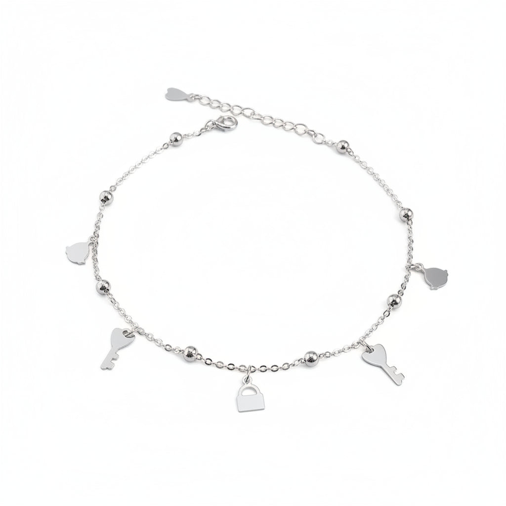 Lock & Key Charm Silver Anklet for women