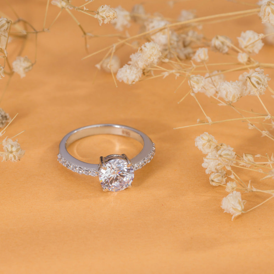 Round Cut Solitaire Silver Ring For Women