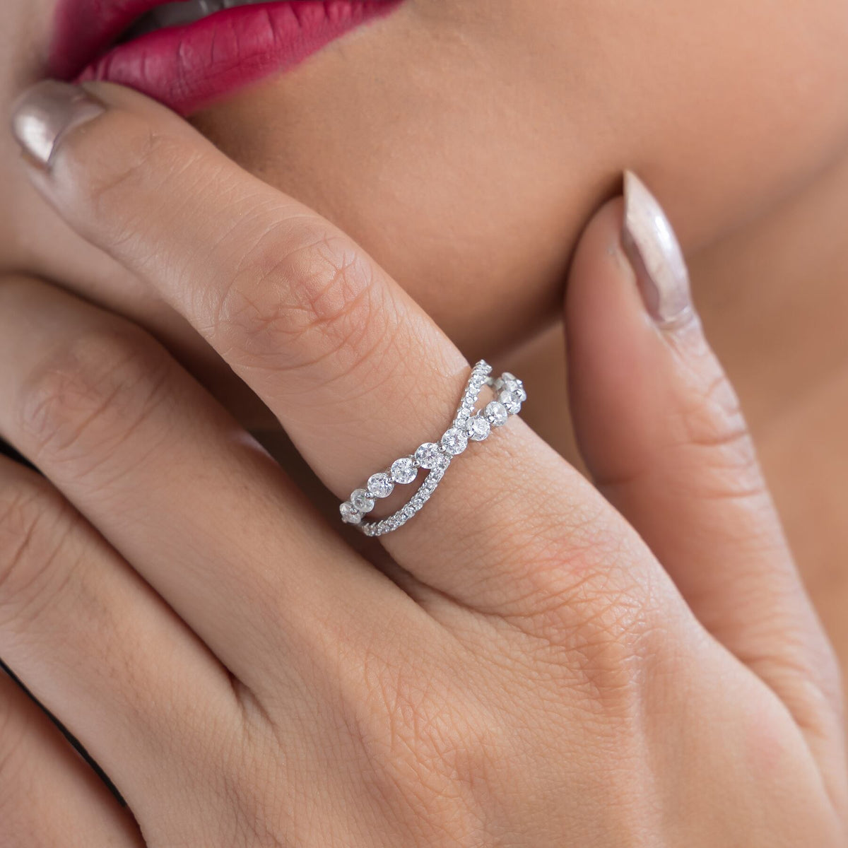 Criss Cross CZ Diamond Silver Ring